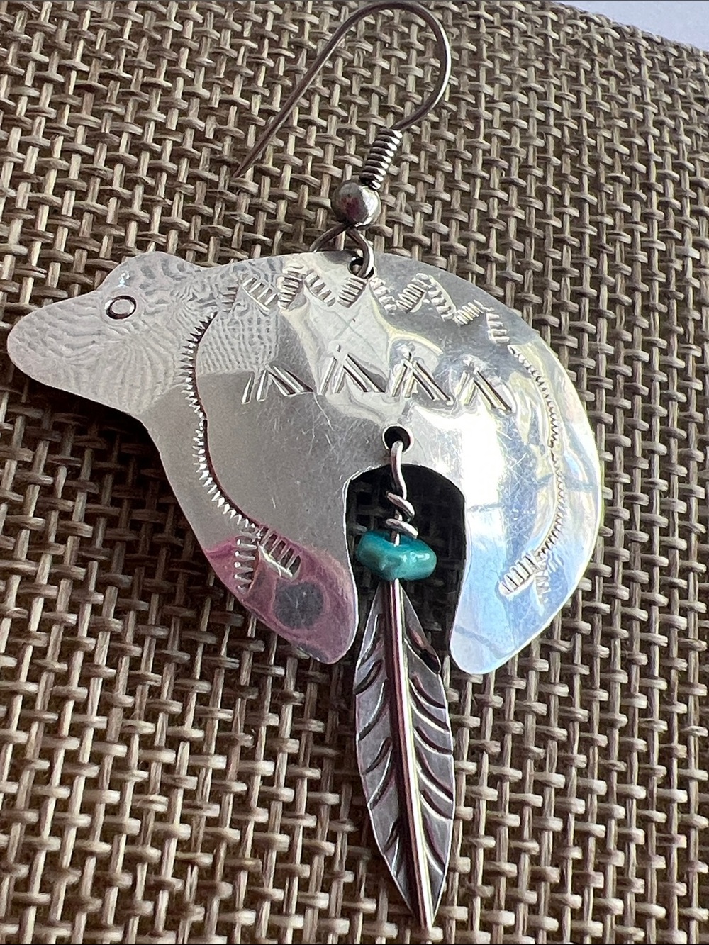Silver Bear Feather Earrings with Turquoise Beads - Women Jewelry - Picture 2 of 5